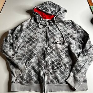 Dark Star Mens Skull Plaid Full Zip Hoodie Gray Red Gothic Punk Streetwear XL
